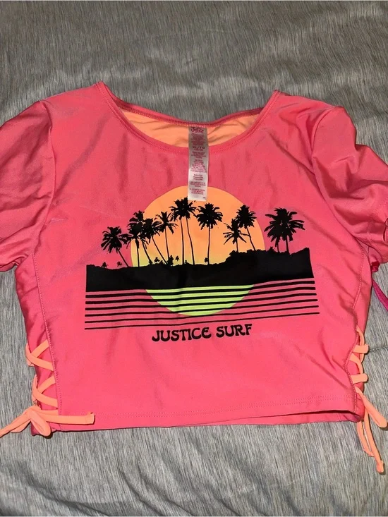 Justice Pink and Peach Palm Tree Sunset Kids Swim Top