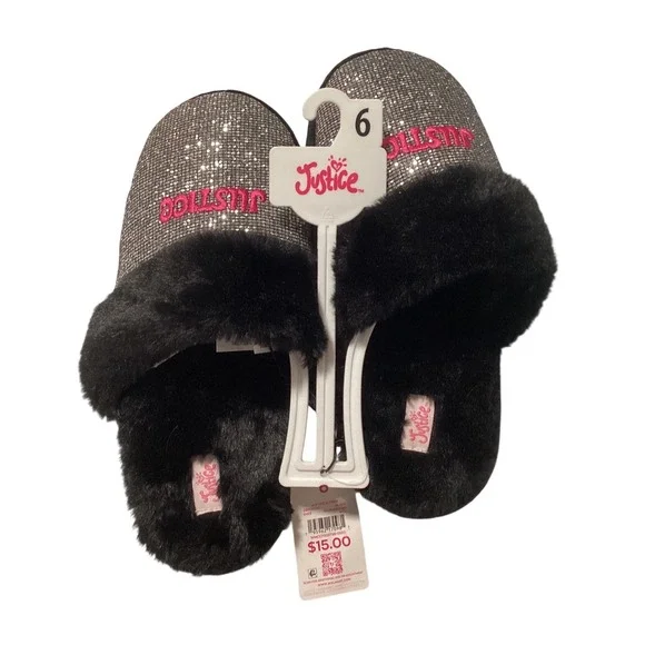Justice Girls Slippers Black Silver Glitter‎ Faux Fur Slide Sandals Size 6 NWT