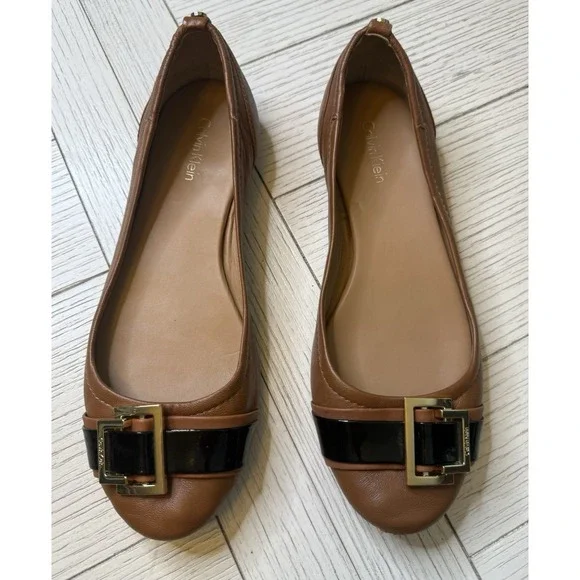 Calvin Klein Ballet Flat Women Sz 7 Shoes Comfort Buckle Brown Black‎ Cottage