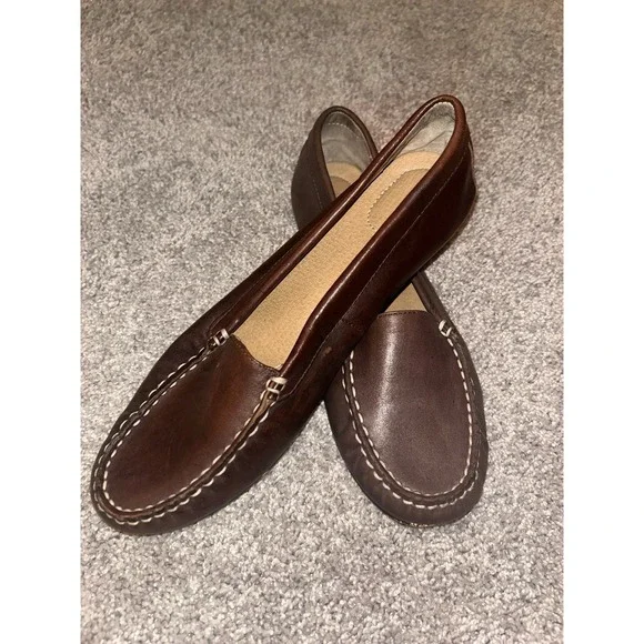 Lands End Leather Loafers Women's 9B Casual Slip On Brown Shoes Moccasin Style‎