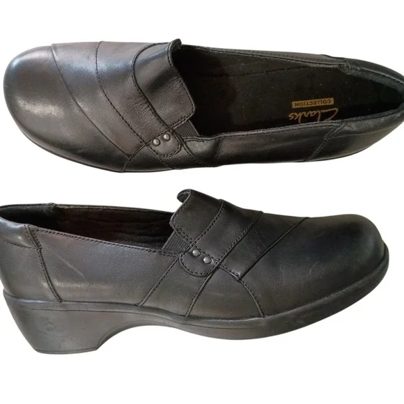 Clarks Collection Womens Black Leather Slip On Wedge Loafers Shoes‎ Size 9 M