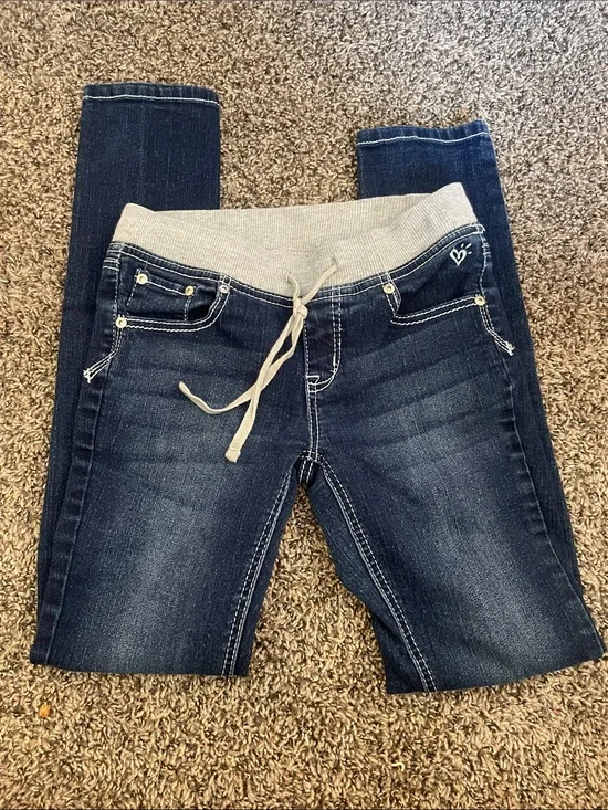 Justice Dark Blue Jean Jeggings with Light Cream Knit Waistband