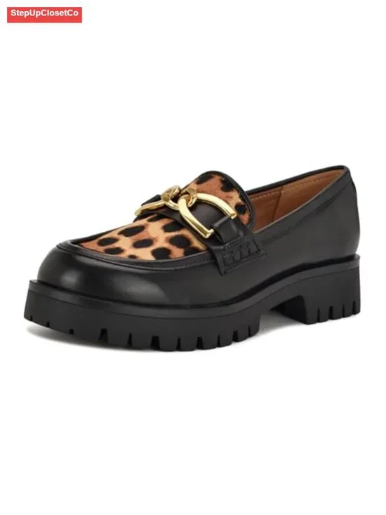 Faux Leather Chain Detail Lug Sole Loafers - Women's Low Top Slip On