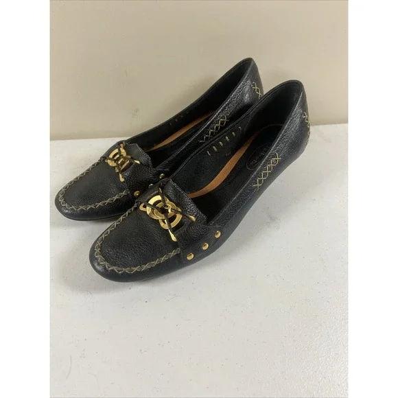 TALBOTS Loafers Pebble Leather Black Kitten Heel Women's Sz 8B Brazil Office EUC