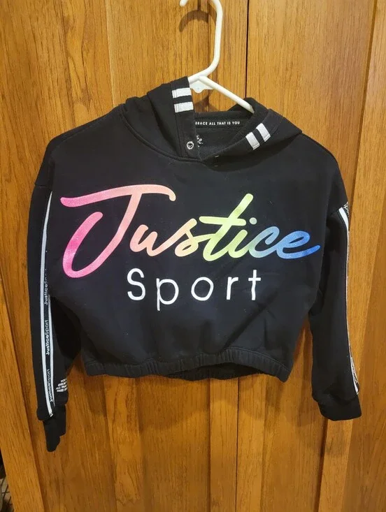 Girls Justice Sport Girls' Cropped Hoodie - Black Sparkle Rainbow Logo. Size 10