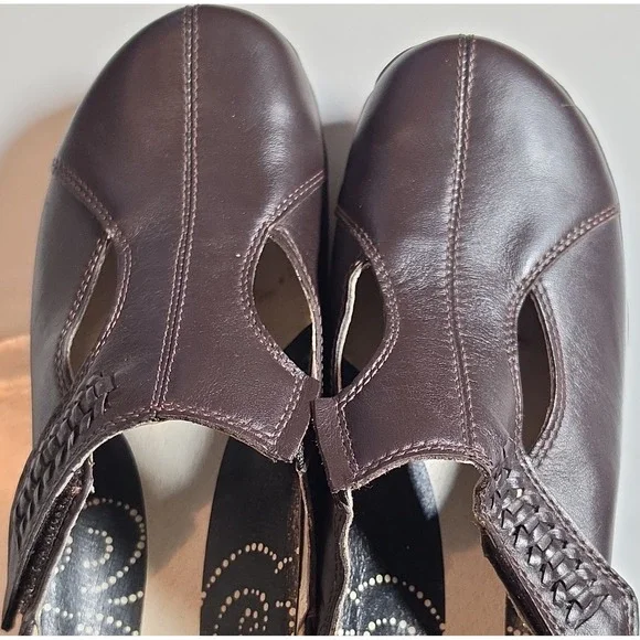 Propét Women's Brown Leather Mary Jane Flats Hook &‎ Loop Braided Strap 8M