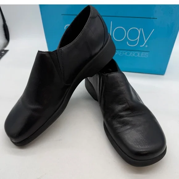 Aerology Aerosoles‎ Easy Time Black Leather Square Toe Loafers Womens 7.5M