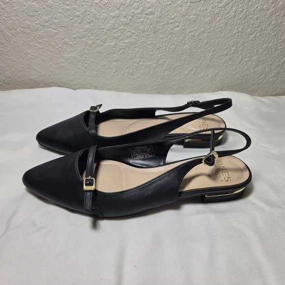 Jones New York Quittala Black Slingback Pointed Toe Flats Gold Accent Size 9M