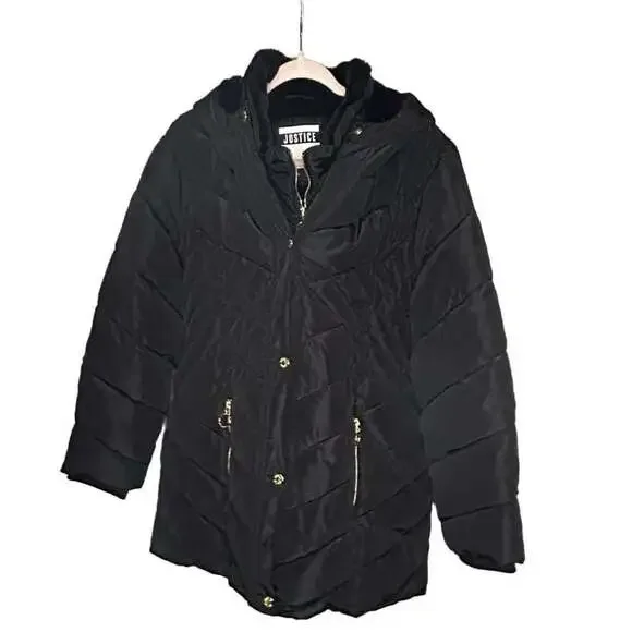 Justice Girls Black Puffer Jacket with Faux Fur Lining and Gold Hardware