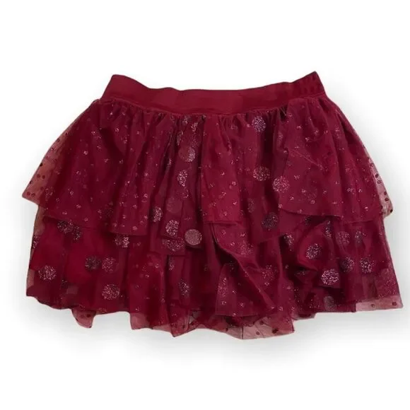 Girl’s sparkle ruffle burgundy Justice Skirt size 16 elastic waist