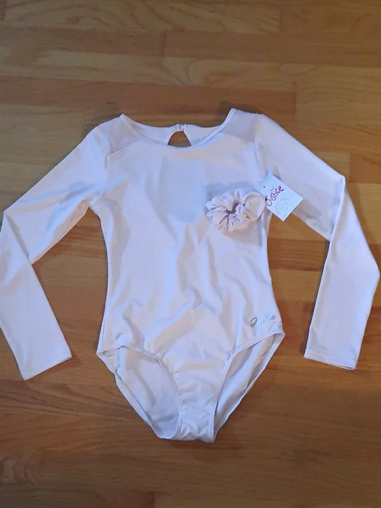 XL Justice Light Pink Long Sleeve Bandeau Leotard & Scrunchie 16 - 18 Gym Dance