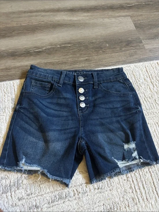 Justice Dark Blue Distressed Denim Button-Fly Shorts