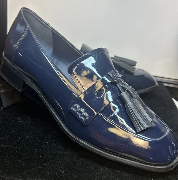 Trifari Navy Blue Tassel Loafers Womens 6.5 Glossy Leather Vintage Style