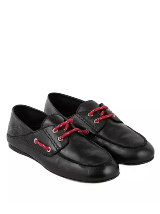 Sandro Women's Boat Shoe Loafers Black Leather Casual Red Laces 38