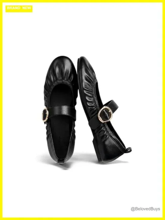 Womens Ballet Flats Ruched Round Toe Mary Jane Slip On Dressy Shoes Faux Leather