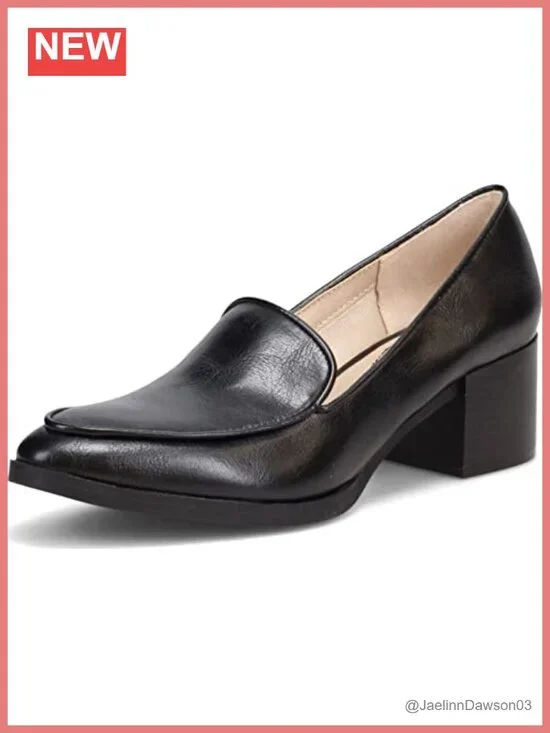 Faux Leather Block Heel Loafer Slip-On Comfort Shoes
