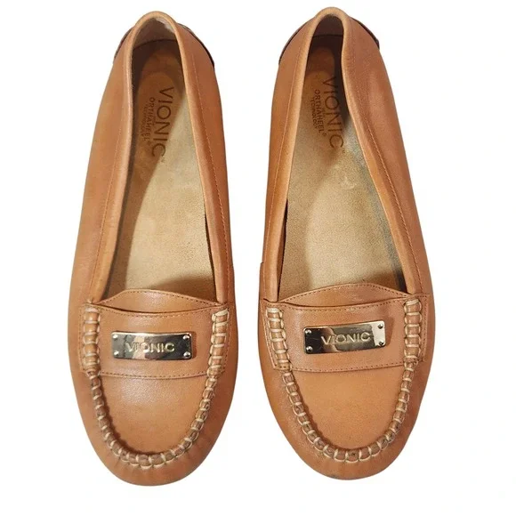 Vionic Sydney Loafers Womens 8 Tan Leather Orthaheel Driving Mocs 456SYDNEY