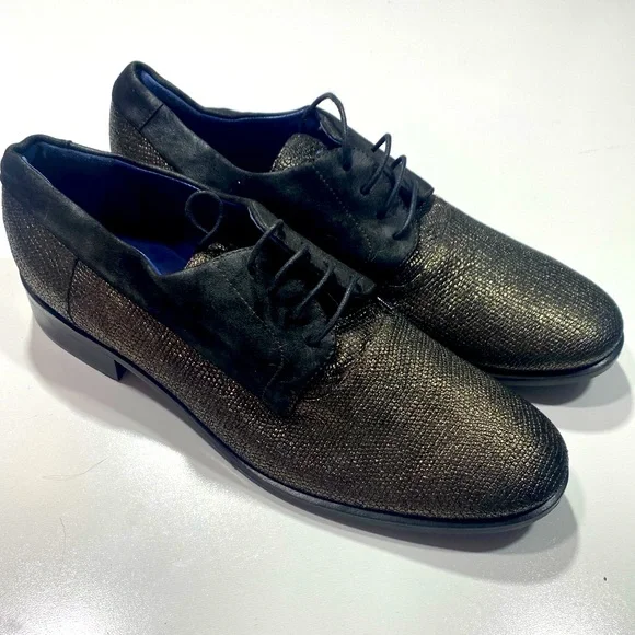 Valentina Rangoni Leather Black With Gold Metallic Sheen Woman’s Loafers 9‎