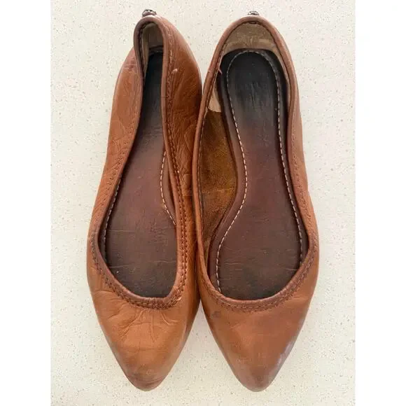 Frye Regina Pointed Toe Leather Ballet‎ Flat Cognac Size 6