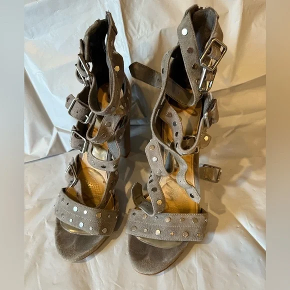 Sam Edelman York Grey Suede Leather Strappy Studded Heeled Sandals Size 8
