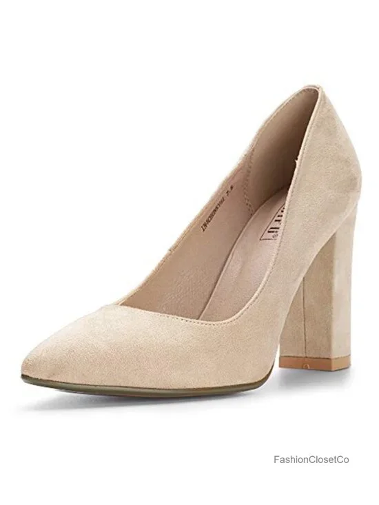Chunky High Heel Pumps Closed Pointed Toe Women's Shoes 4 Inch Block Heel
