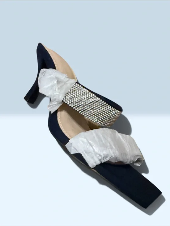 Embellished Navy Block Heel Slingbacks - Women