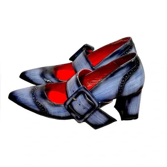 Girotti Handmade Block Heels Wingtip Buckle Pumps Black Gray Mary Jane Sz 40