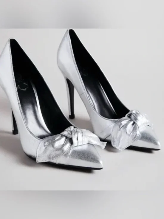 NEW Ted Baker Ryal Silver Pointed-Toe Bow Stiletto Pumps Size 6.5 $225 MSRP