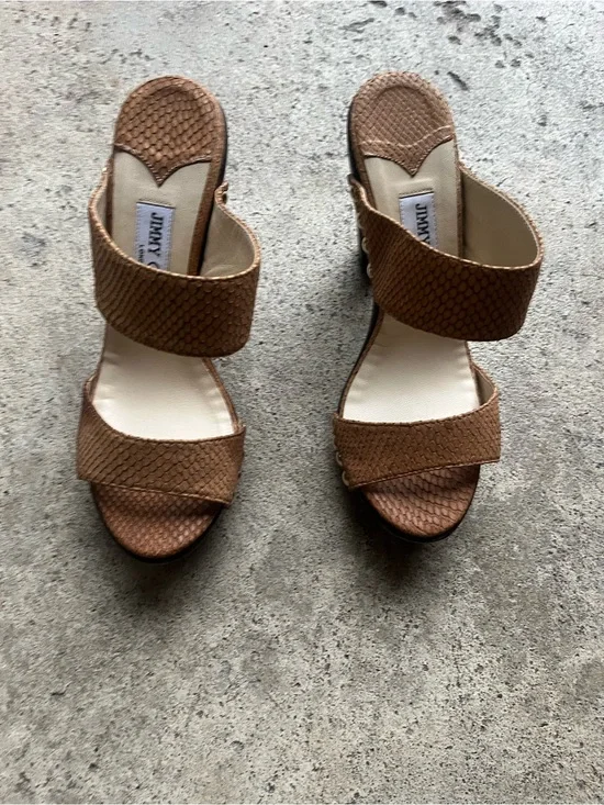 Jimmy Choo Brown Textured Double-Band Slide Heels