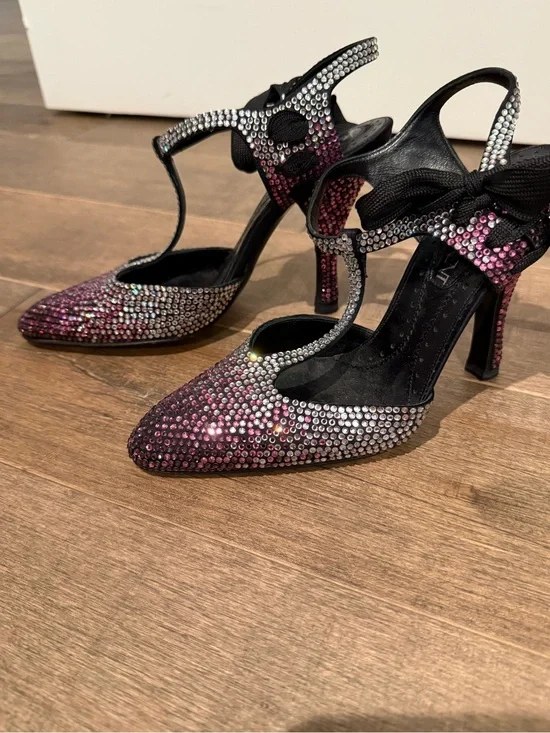 Yves Saint Laurent Pink and Silver Crystal T-Strap Heels
