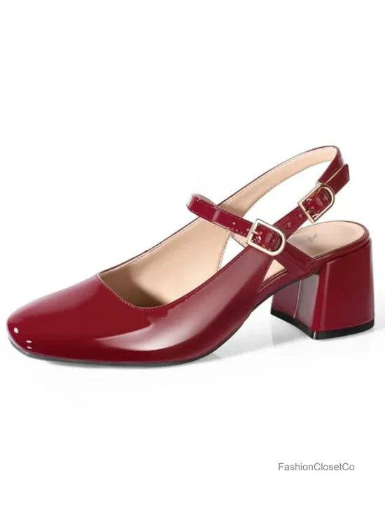 Women's Mary Jane Heels Slingback Chunky Low Heels Square Toe Dress Pumps