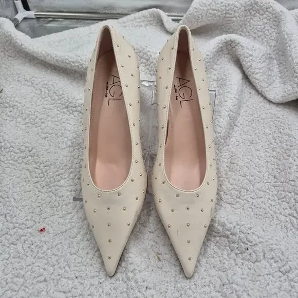 NEW AGL Lenor white leather stud kitten heels Women's Size 38.5 US 8.5