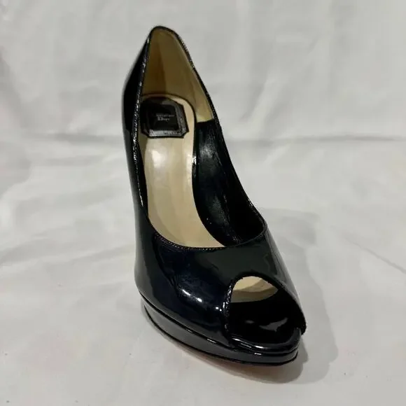 Christian Dior Black Patent Peep Toe Platform Heel Single Shoe 38.5