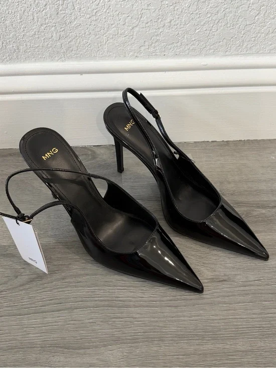 Mango/MNG Black Patent Pointed Slingback Heels
