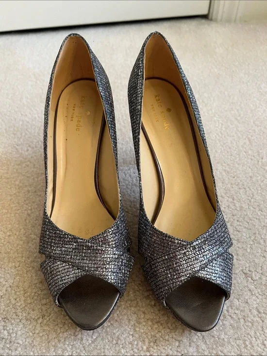 Kate Spade Metallic Silver Peep Toe Heels Pumps Size 9.5 Made in Italy