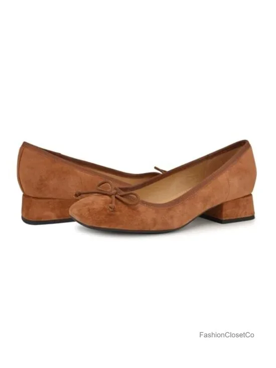 Nine West Saruh Suede Bow Detail Square Toe Pumps Block Heel Slip-On