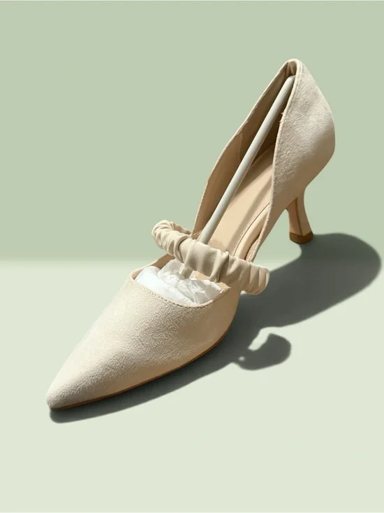 Ruched Strap Pointed-Toe Mid Heel in Cream