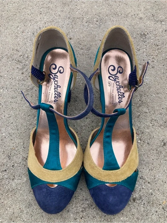 Seychelles Teal, Navy & Mustard Suede T-Strap Heels