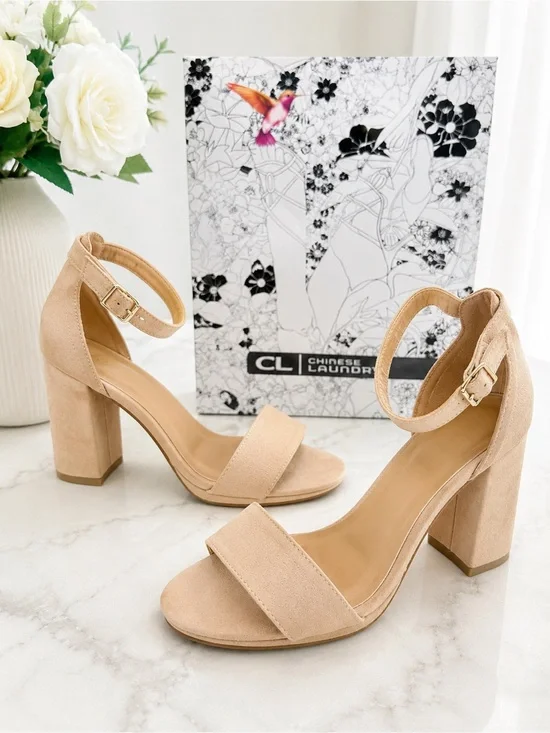 Chinese Laundry Nude/Tan Suede Block Heel Sandals with Ankle Strap