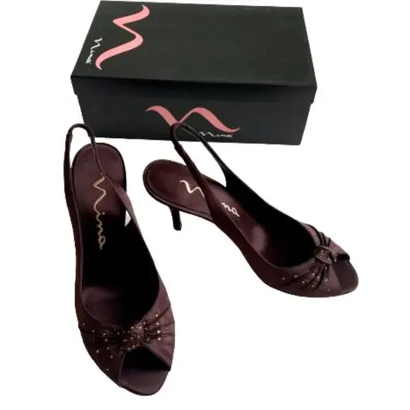 Nina Heels Pumps Shoes Chocolate Luste Satin Open Toe Slingback Dress Size 8 NIB