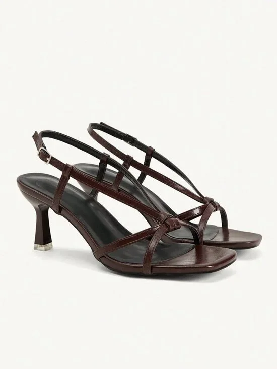 Brown Casual Women's Strap Open-Toed Square-Toe Stiletto Faux Leather Heels