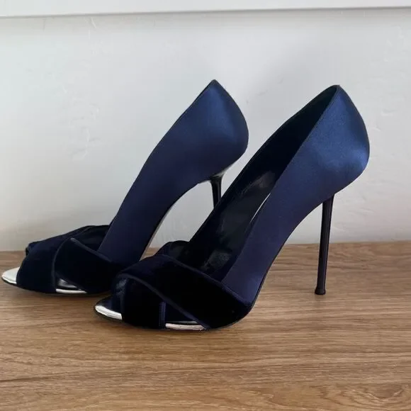 Gianmarco Lorenzi Blue Silk & Velvet Stiletto Heels Made in Italy Size EU 37.5