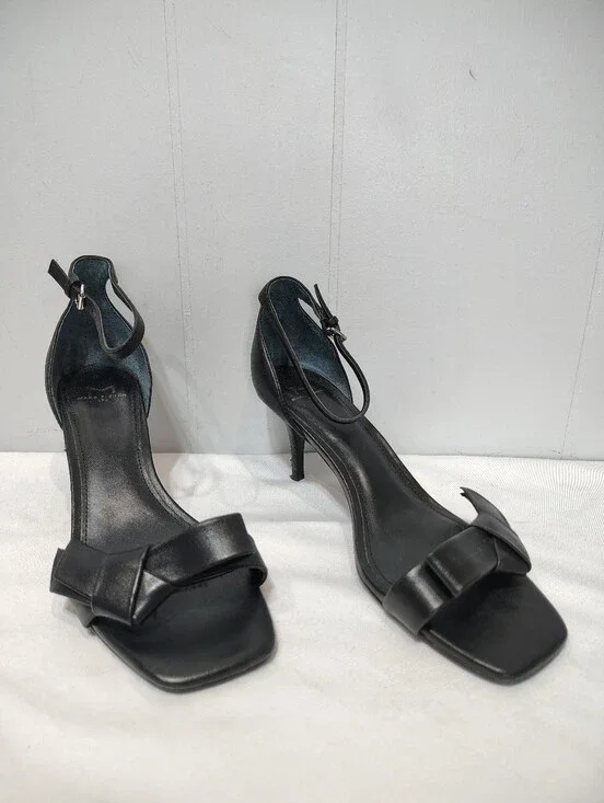 Marc Fisher LTD Tierra Black Leather Bow Ankle Strap Heeled Sandal Size 6.5M