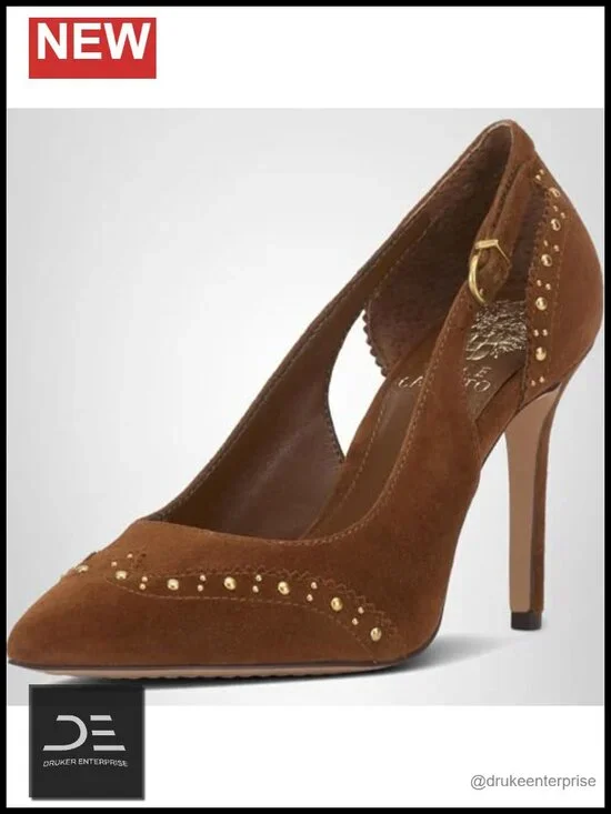 Studded Cut-Out Suede Stiletto Heel Pump Slip-On Pointed Almond Toe