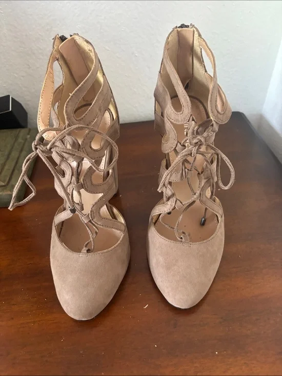 Nine West Taupe Suede Lace-Up Cutout Heels