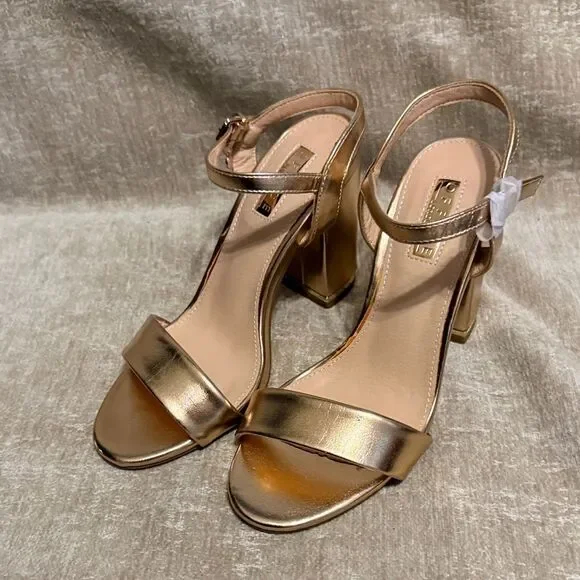 Office London Champagne Gold Block Heel Sandals