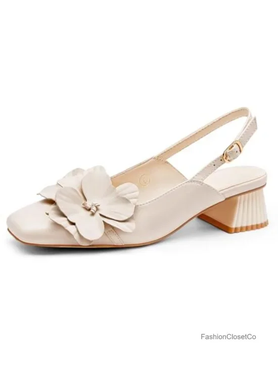 Slingback Chunky Heels Square Toe Pumps with Flower Design Dress Shoes