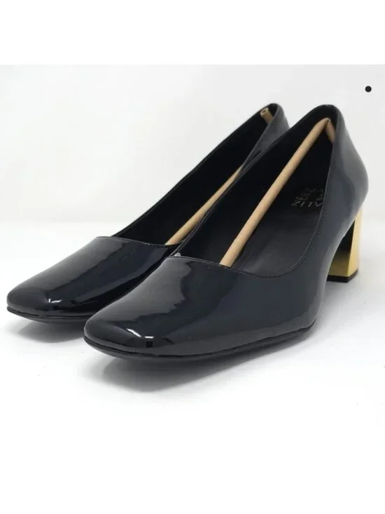 Naturalizer Black Patent Block Heel Pumps with Gold Accent 10W