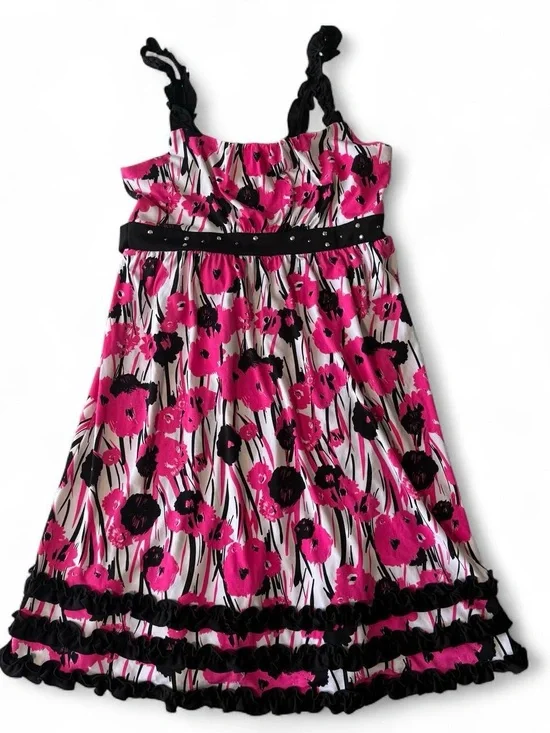 Vintage Y2K Justice Pink Black White Babydoll Floral Ruffle Dress Girls 14