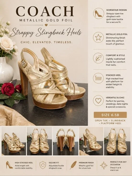 COACH Metallic Gold Foil Strappy Open Toe Sling Back Heel 6.5B